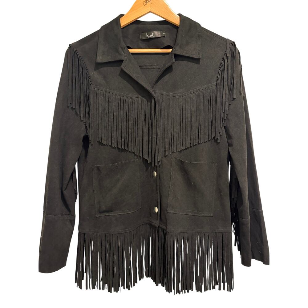 KZell Women's Fringed Black Faux Suede Shacket Size 3 = L 10+/- Western + Snaps